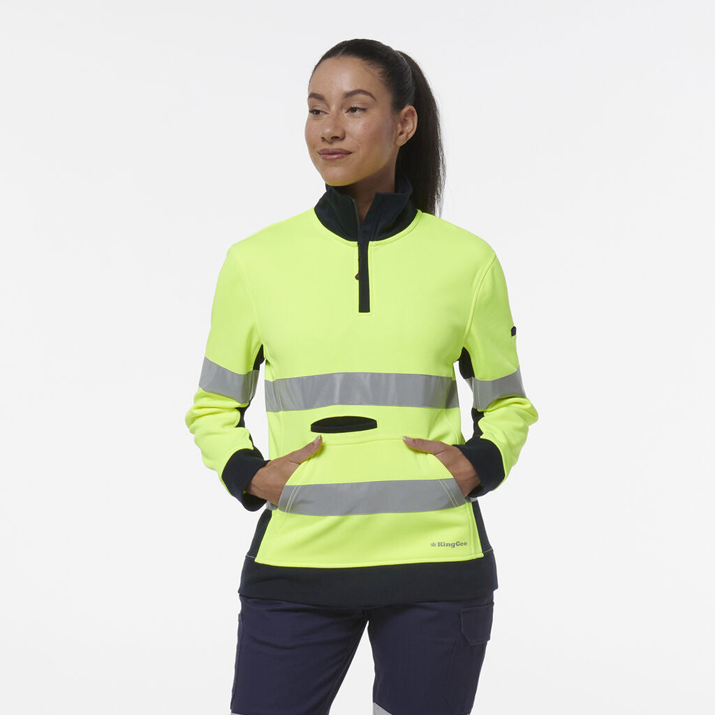 King Gee Women's Hi Vis Reflective Spliced 1/4 Zip Fleece (K45009)