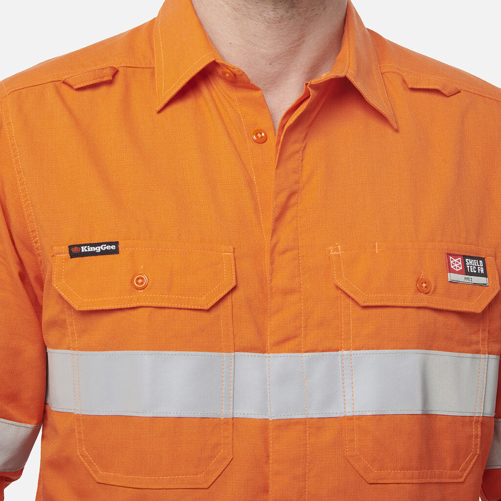 King Gee Shieldtec Lenzing FR Hi-Vis Spliced Open Front Taped Shirt (K84001)