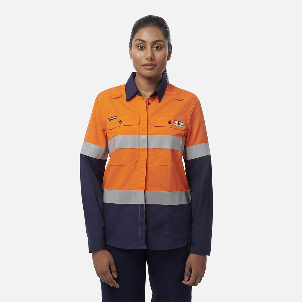 King Gee Women's Shieldtec Lenzing FR Hi-Vis Spliced Open Front Taped Shirt (K84002)