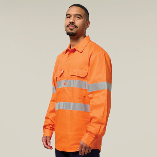 Hard Yakka Hi-Vis Closed Front Taped Long Sleeve Cotton Drill Shirt (Y07899)