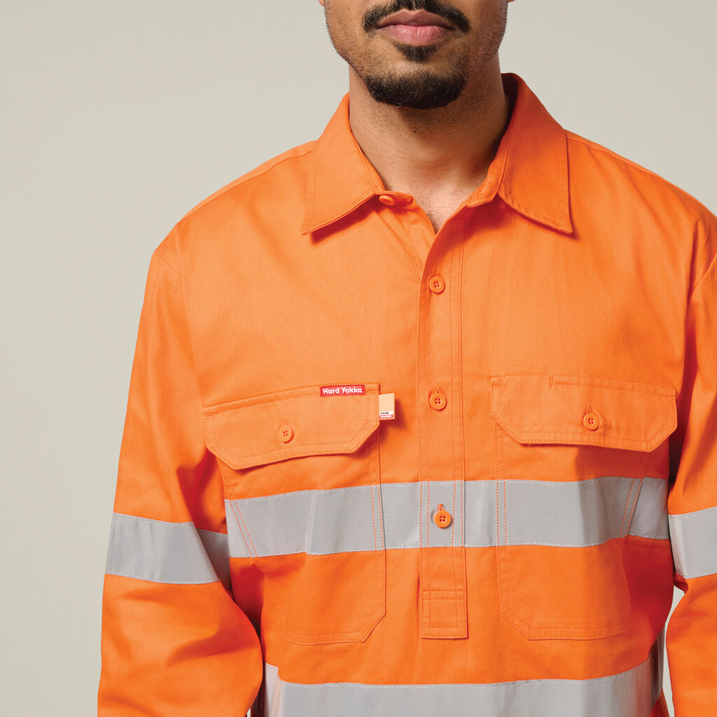 Hard Yakka Hi-Vis Closed Front Taped Long Sleeve Cotton Drill Shirt (Y07899)