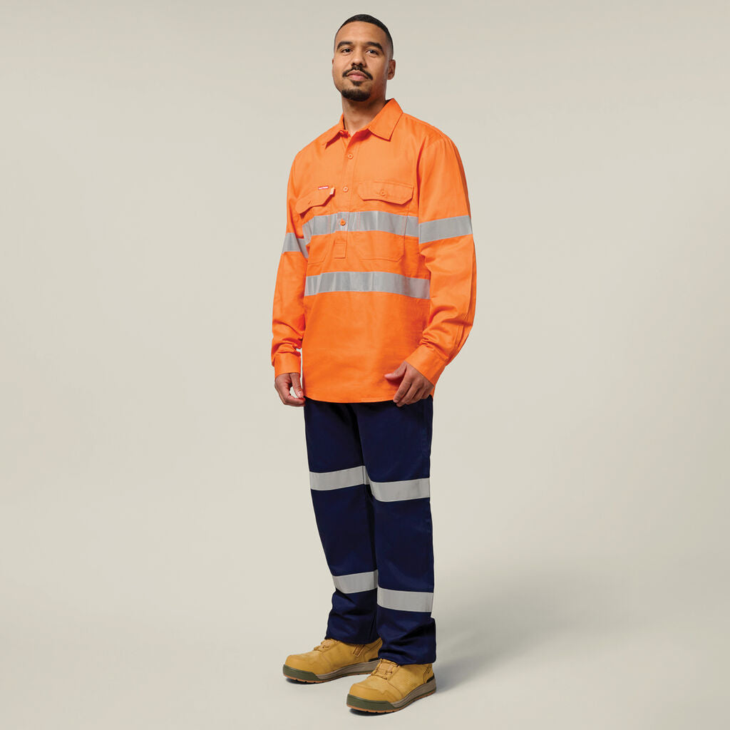 Hard Yakka Hi-Vis Closed Front Taped Long Sleeve Cotton Drill Shirt (Y07899)