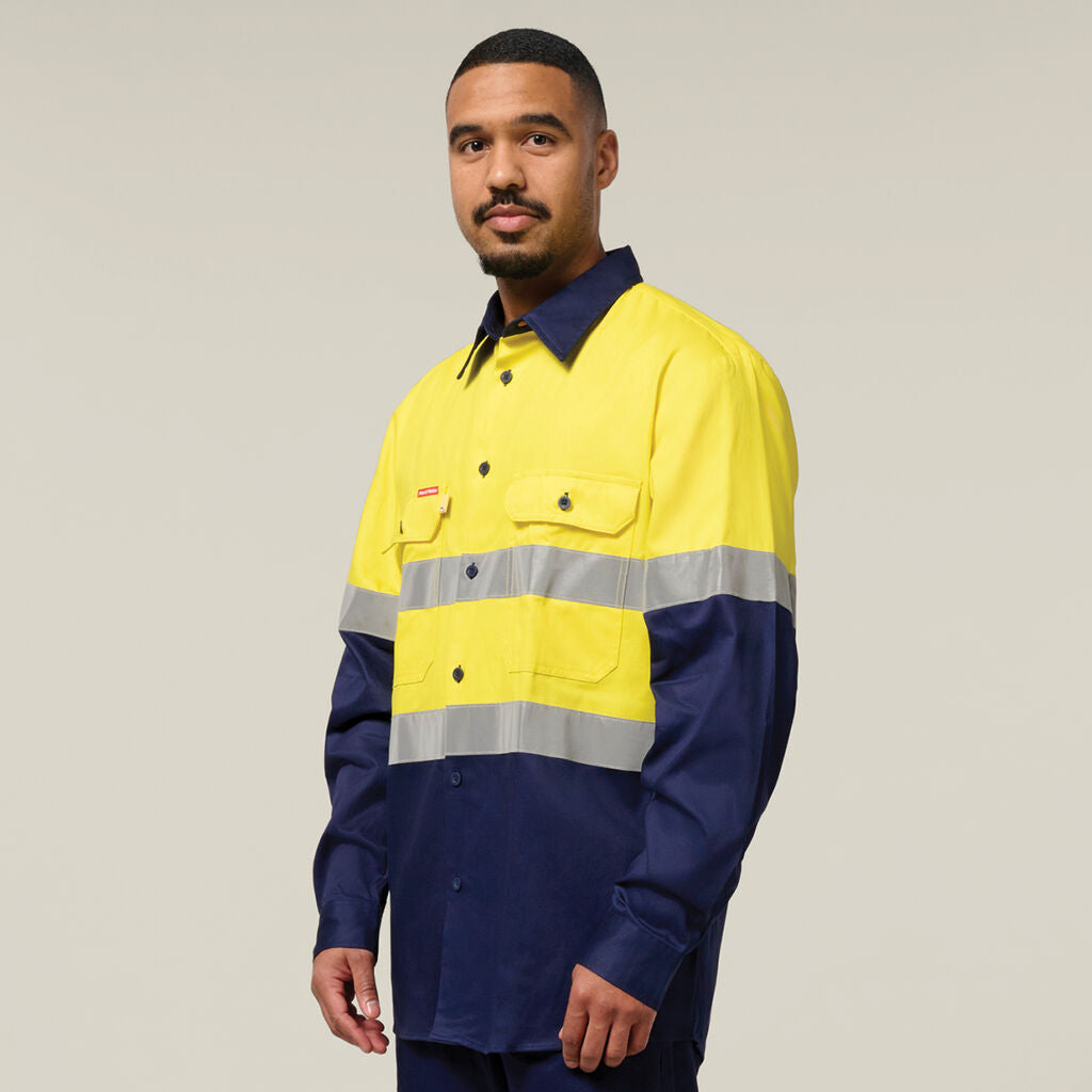 Hard Yakka Hi-Vis 2 Tone Long Sleeve Taped Cotton Drill Shirt (Y07990)